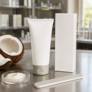 Coconut Nail and Cuticle Cream blank-label sample bottles carton and texture dish on GUOCUI factory sample table