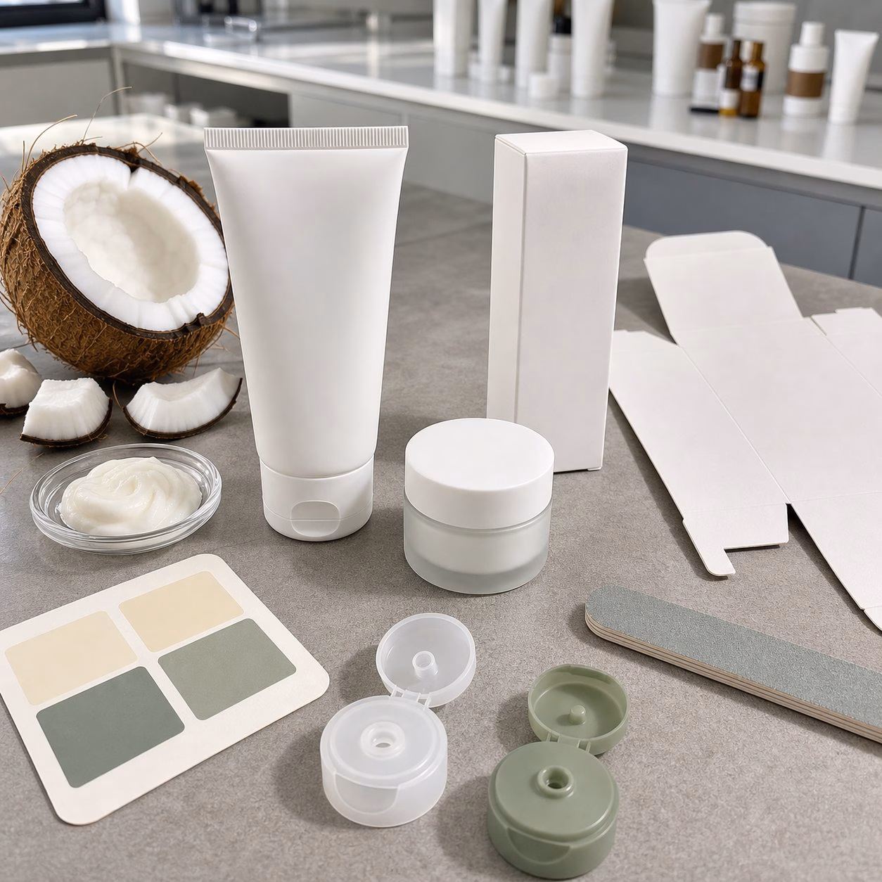 Coconut Nail and Cuticle Cream blank bottle pouch tube carton caps swatches and texture samples for custom packaging review