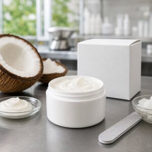 Coconut Nail Strengthening Cream blank-label sample bottles carton and texture dish on GUOCUI factory sample table