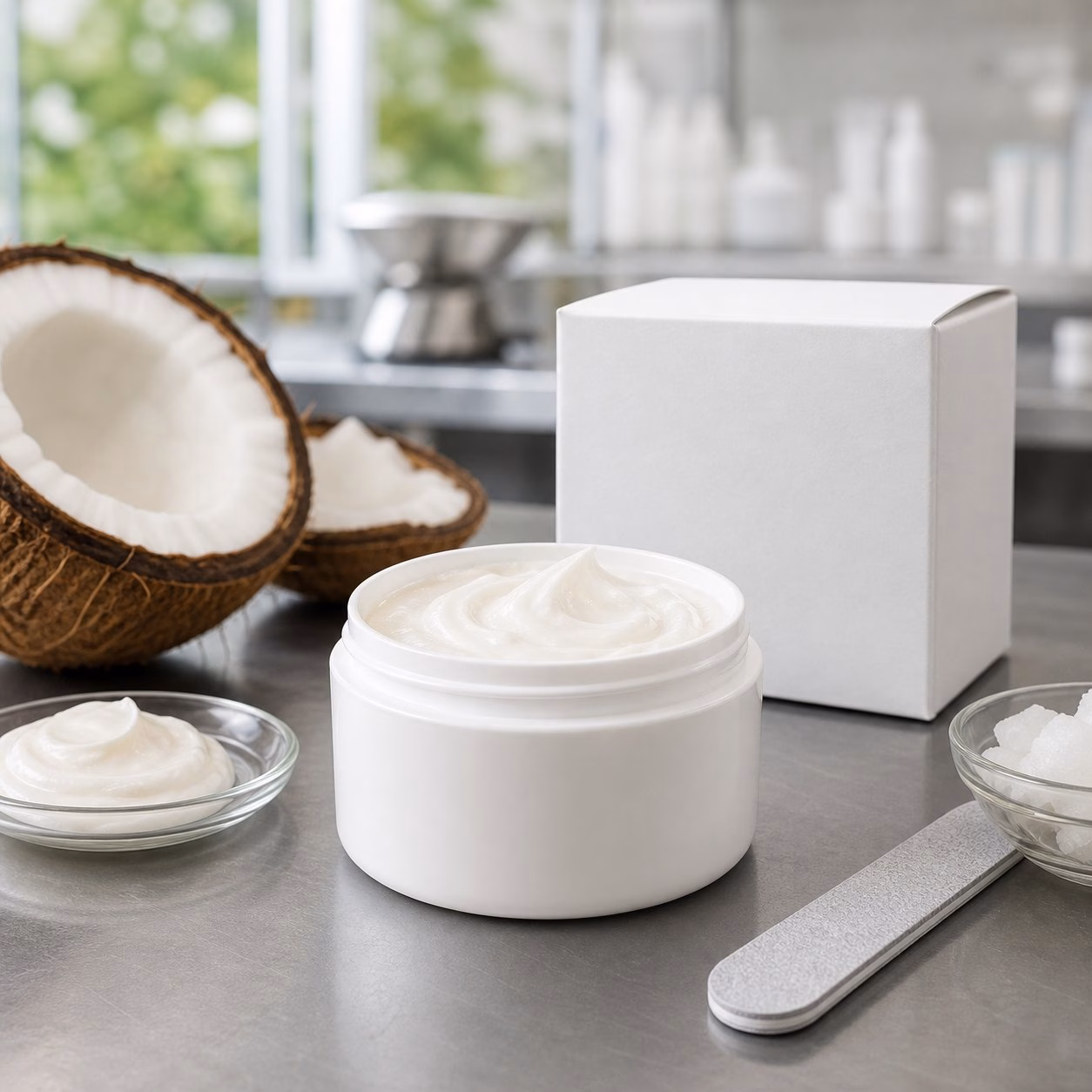 Coconut Nail Strengthening Cream blank-label sample bottles carton and texture dish on GUOCUI factory sample table
