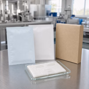 Blank-label cooling comfort facial mask sachets and a folded sheet sample on a GUOCUI factory review table