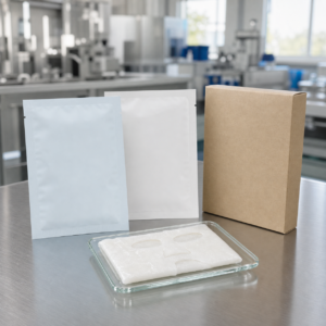Blank-label cooling comfort facial mask sachets and a folded sheet sample on a GUOCUI factory review table