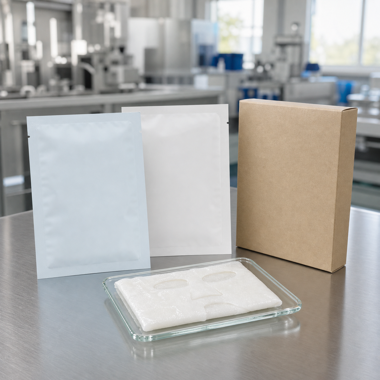 Blank-label cooling comfort facial mask sachets and a folded sheet sample on a GUOCUI factory review table