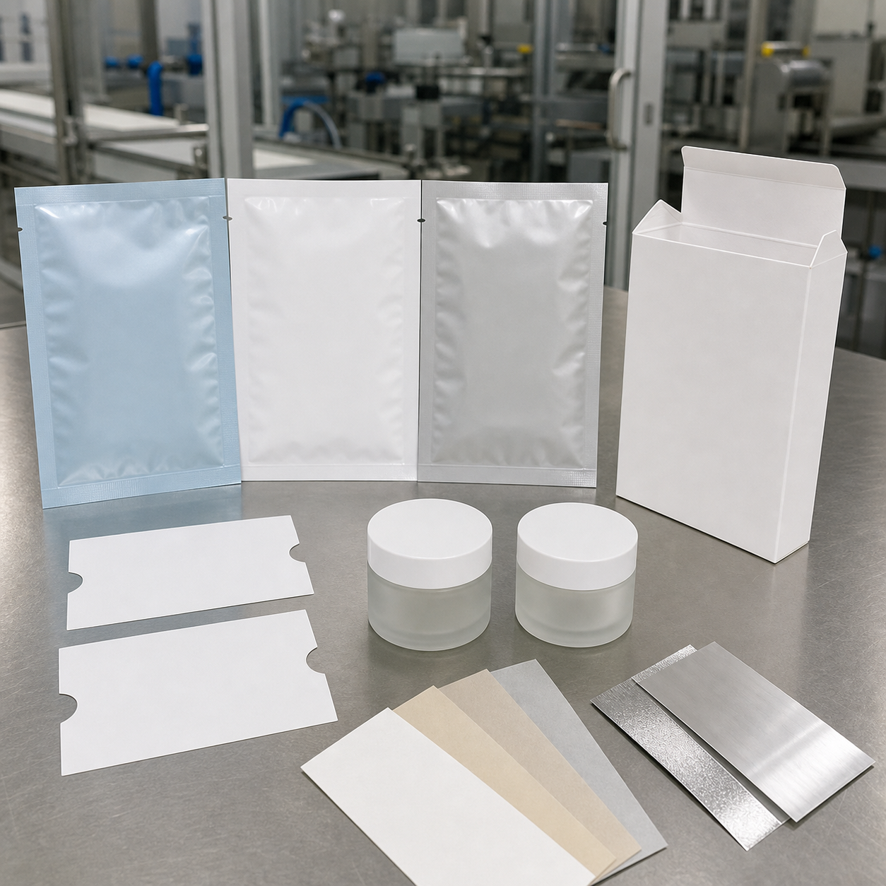 Blank facial mask sachets, carton, label die-cuts and optional gel-mask jars on a factory packaging approval desk