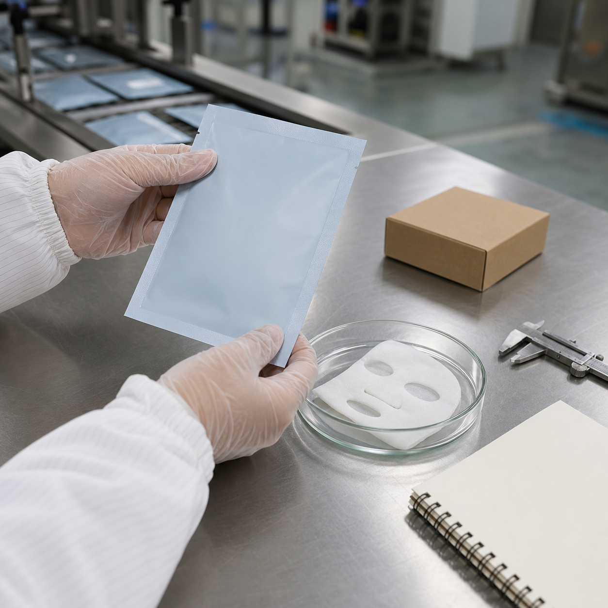 Gloved hands checking a blank facial mask sachet seal and wet nonwoven sheet sample on a factory QC table
