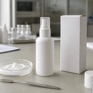 Private label cream lotion spray blank fine mist bottle with soft lotion texture sample and carton on factory sample table