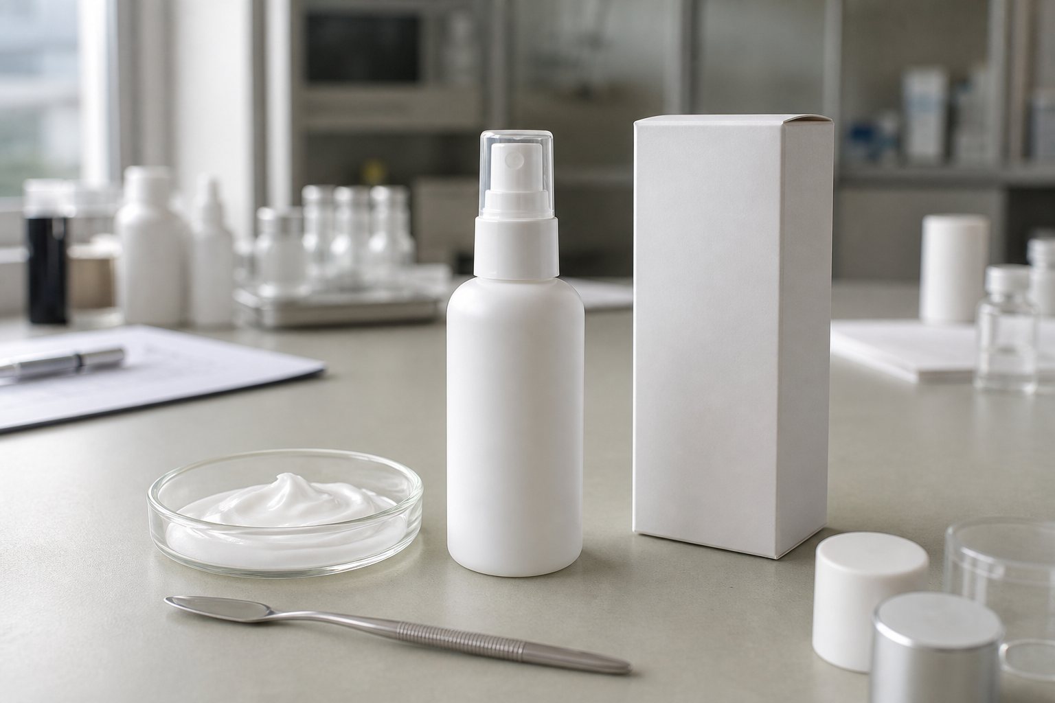 Private label cream lotion spray blank fine mist bottle with soft lotion texture sample and carton on factory sample table