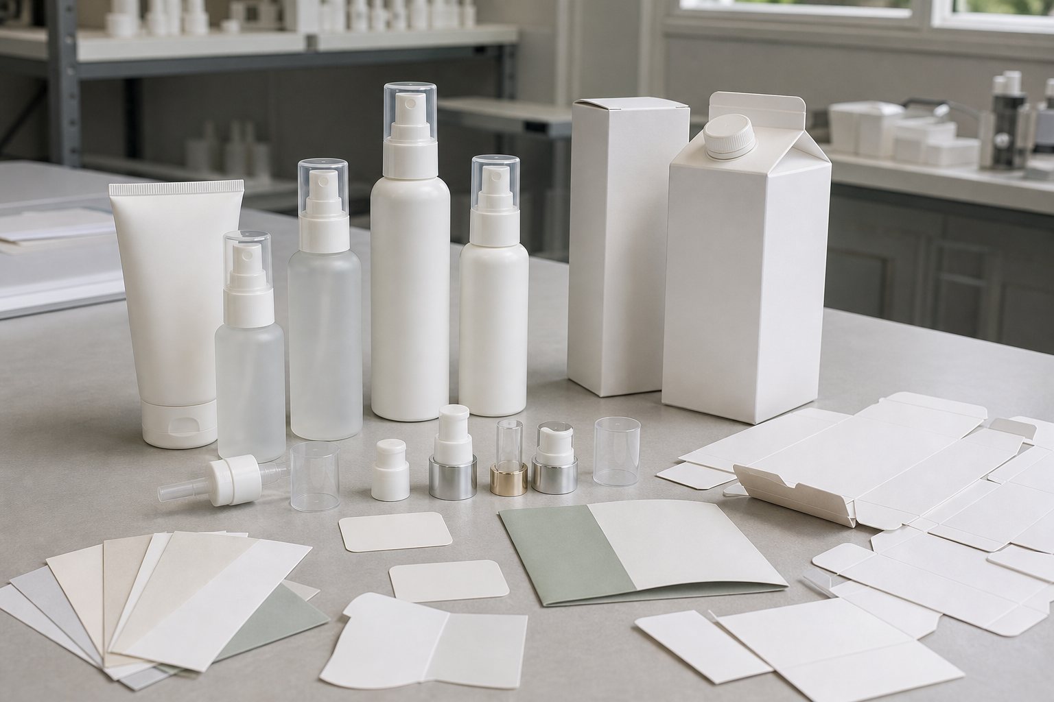 Custom packaging options for cream lotion spray with blank mist bottles caps cartons label swatches and package proofing samples
