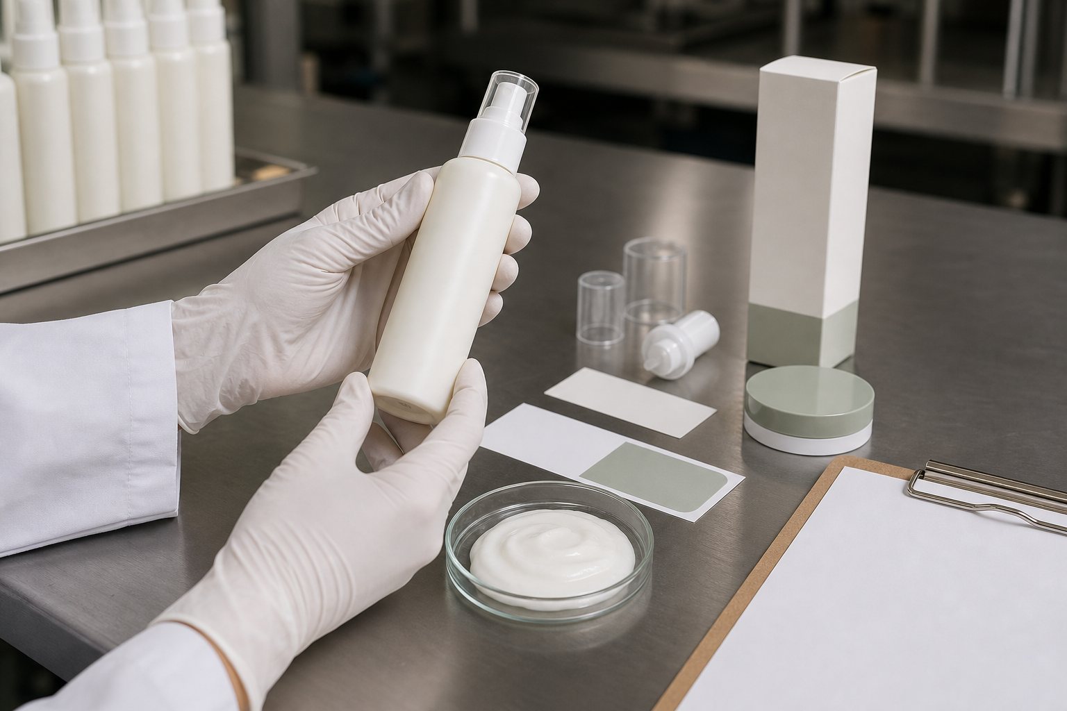 Factory QC sample review for private label cream lotion spray with gloved hands blank bottle lotion texture label swatches and carton proof