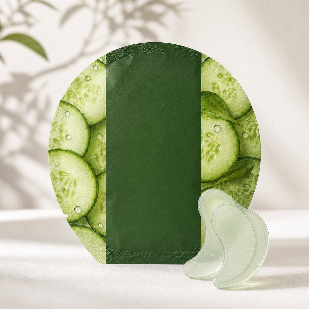 Blank round cucumber caffeine hydrogel eye patch sachet with one pair of pale green crescent patches for private label development