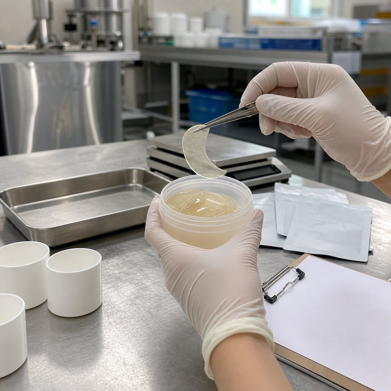 Gloved GUOCUI factory hands lifting a crescent hydrogel eye patch during texture serum pickup and handling review