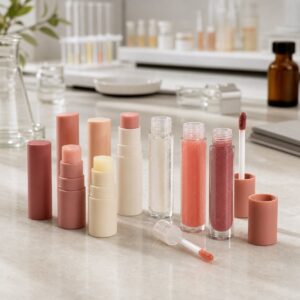 Blank custom color lip balm and lip gloss samples on a cosmetics factory sample table for private label buyers