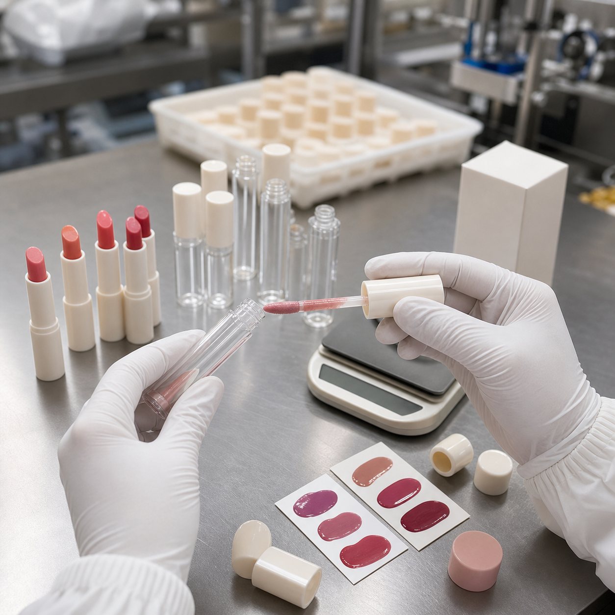Gloved technician checking a blank lip gloss applicator tube cap fit and unmarked color samples on a factory QC bench