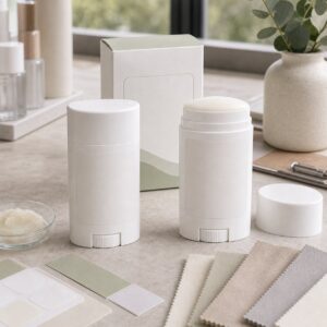 Custom Logo Deodorant Stick blank-label sample bottles carton and texture dish on GUOCUI factory sample table