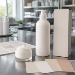 Daily Moisturizing Body Lotion blank-label sample bottles carton and texture dish on GUOCUI factory sample table
