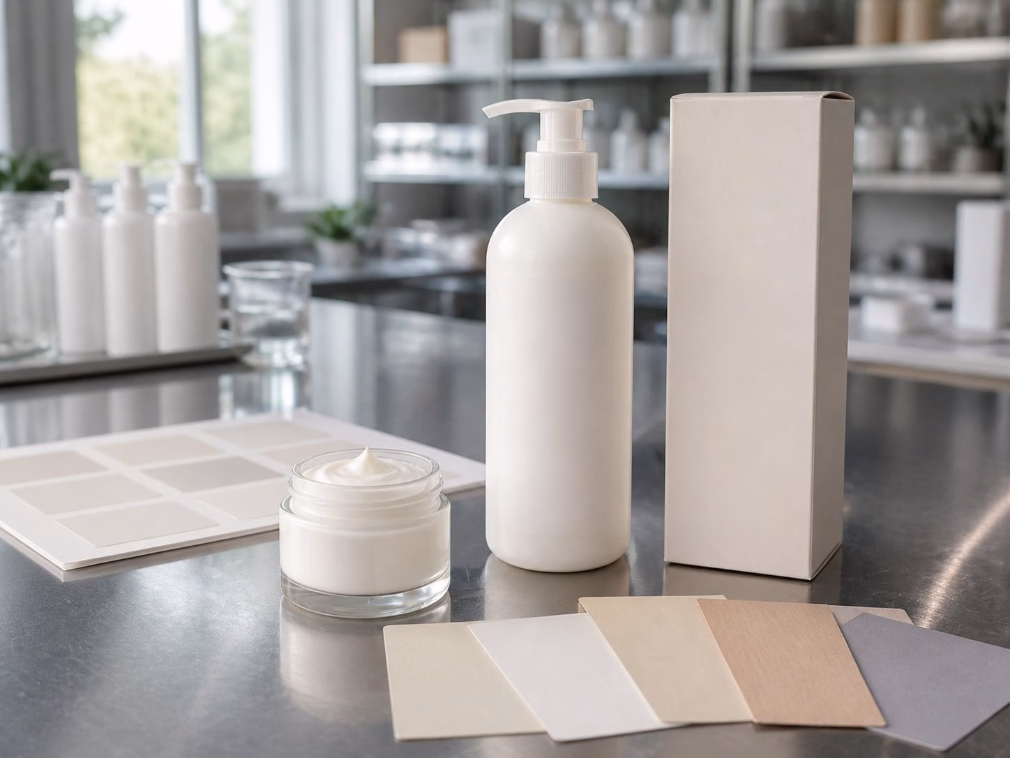Daily Moisturizing Body Lotion blank-label sample bottles carton and texture dish on GUOCUI factory sample table