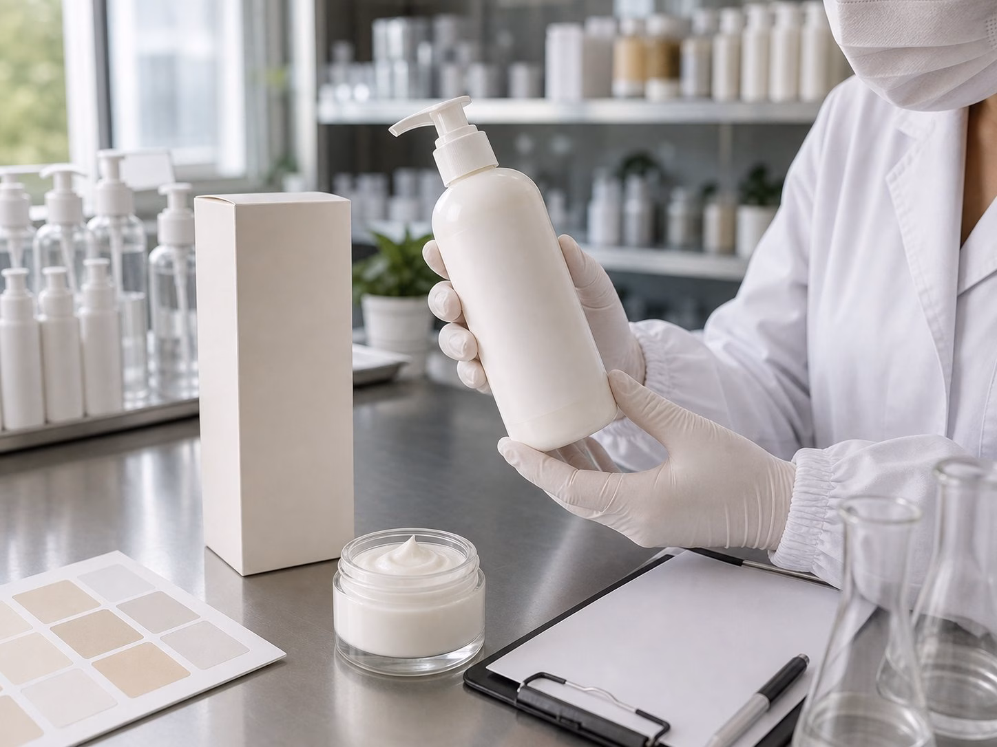 GUOCUI factory QC review for Daily Moisturizing Body Lotion with blank label bottle carton and texture sample