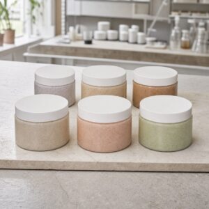 Six blank mineral salt body scrub sample jars on a cosmetics factory table for private label collection development
