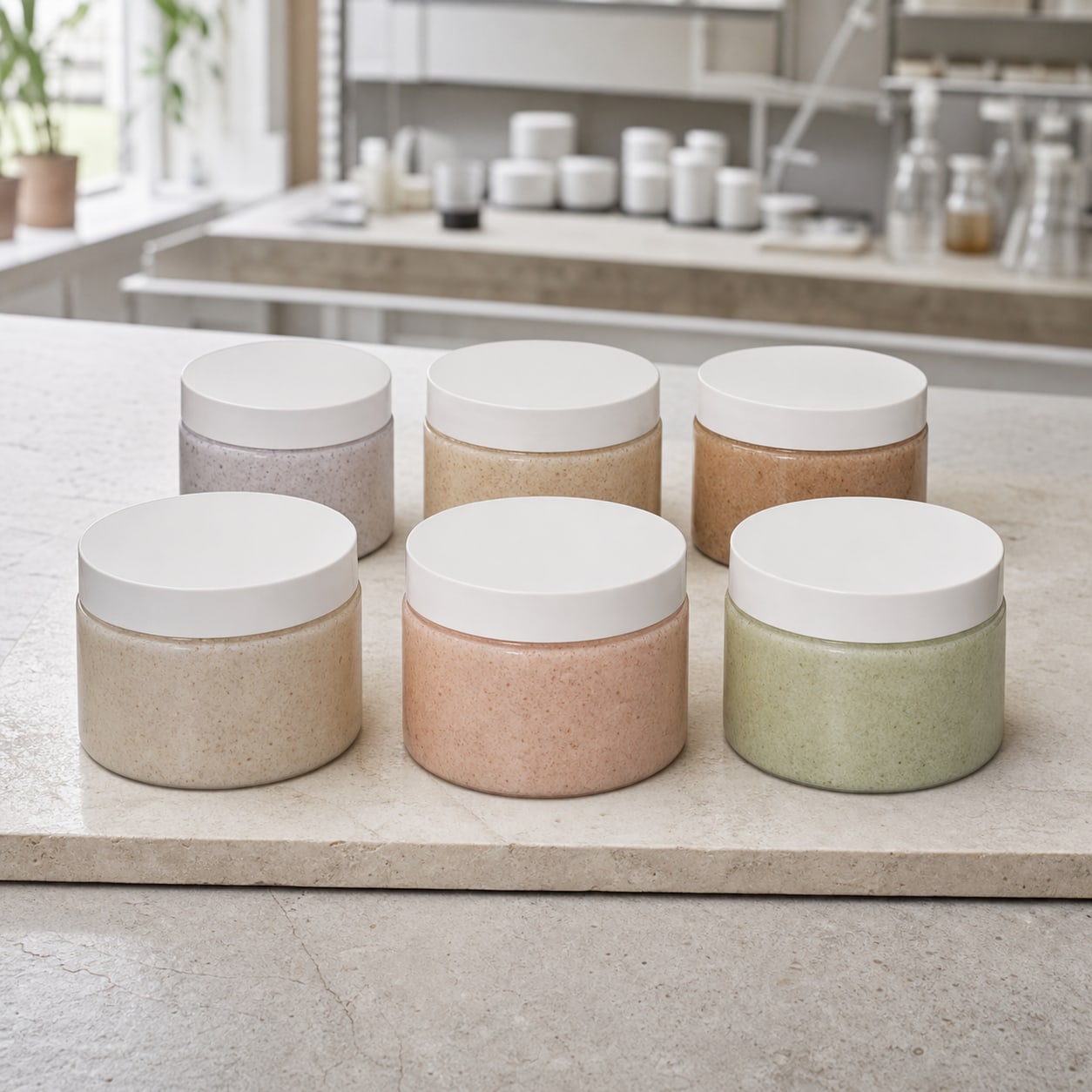 Six blank mineral salt body scrub sample jars on a cosmetics factory table for private label collection development
