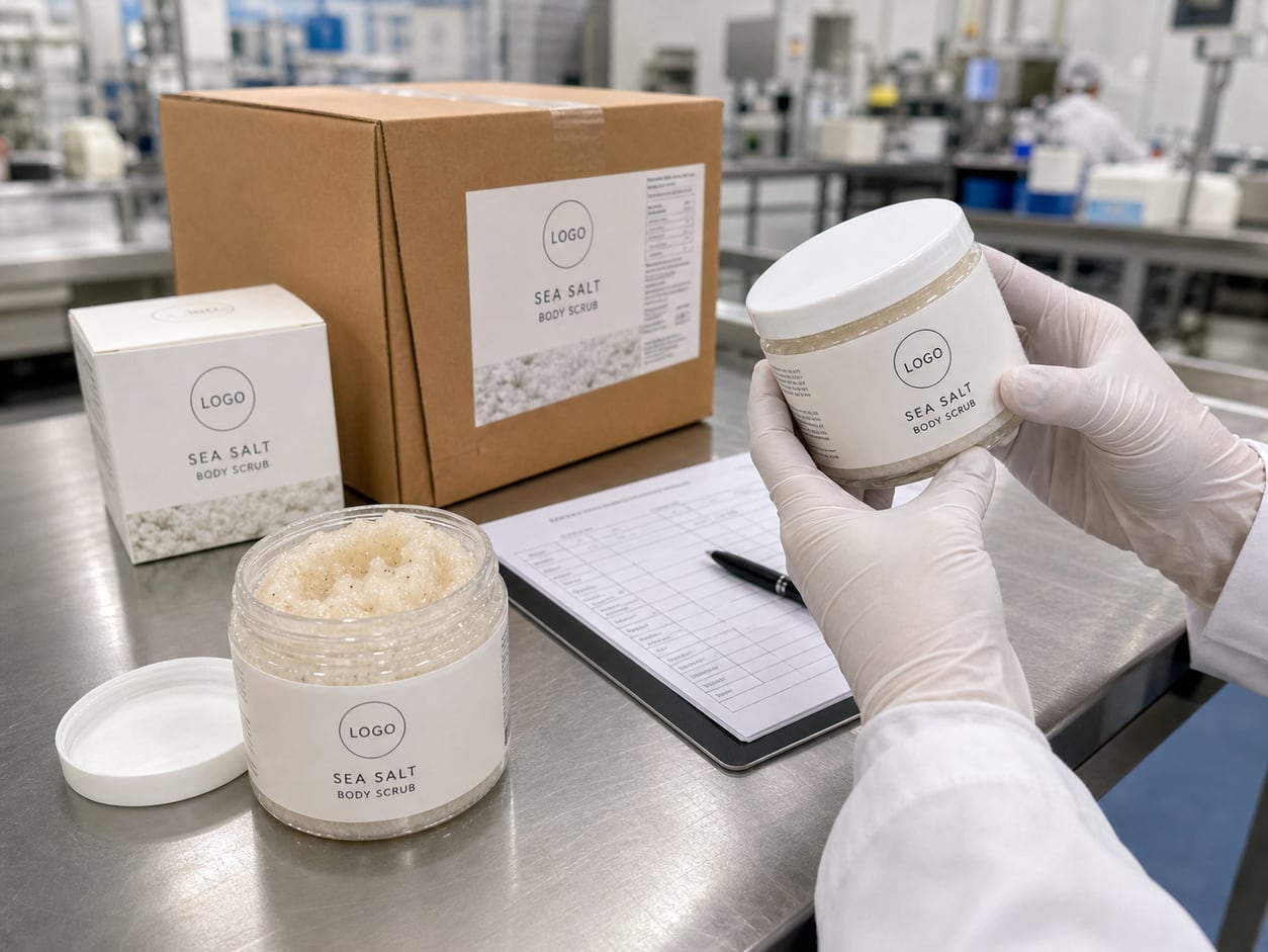 Gloved cosmetics technician checking salt body scrub texture label and jar beside factory packing samples