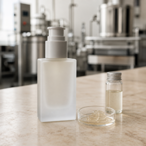 Blank frosted airless pump bottle with translucent oil gel serum sample on a GUOCUI factory sample table