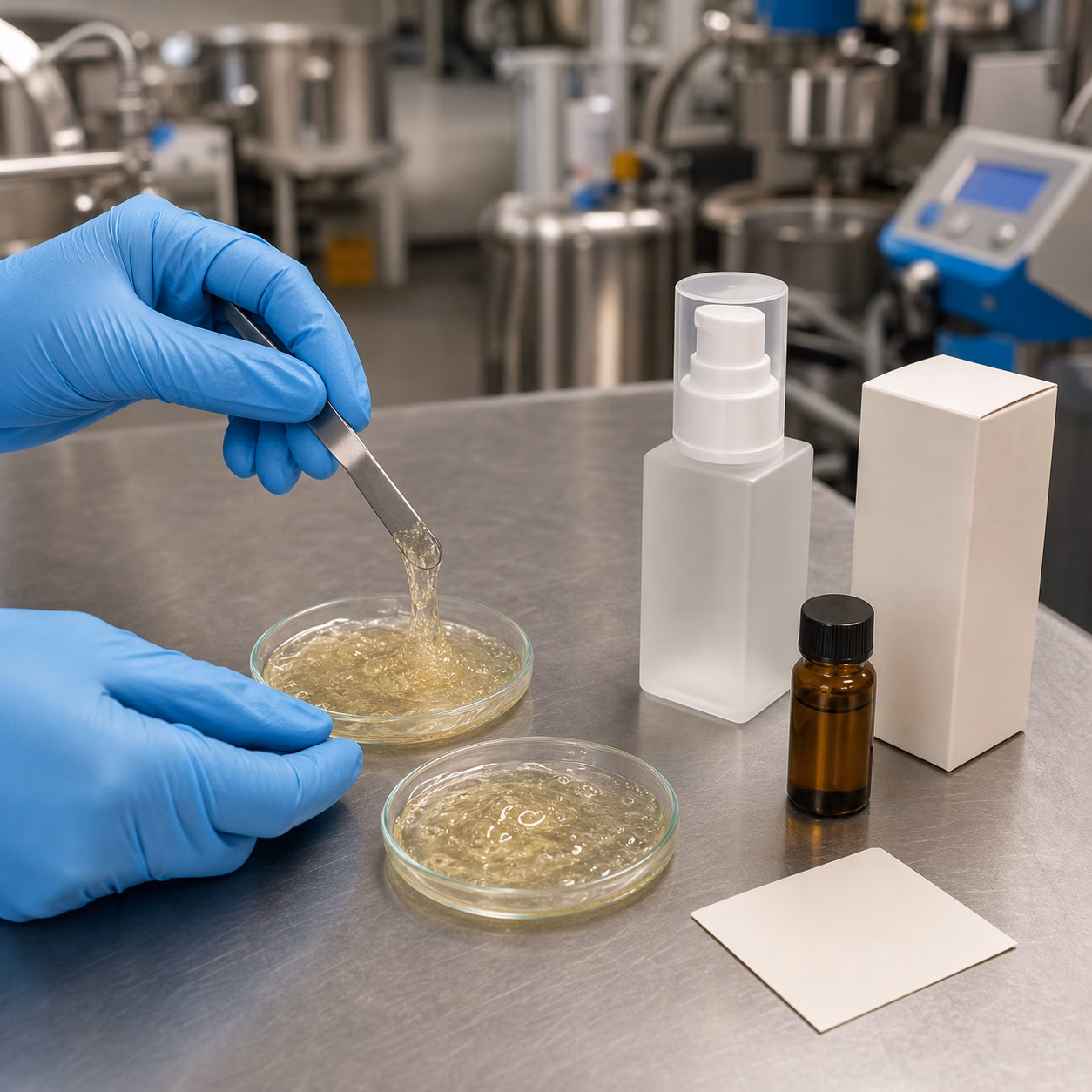 Gloved factory hands comparing translucent oil gel serum textures during GUOCUI sample and packaging QC review