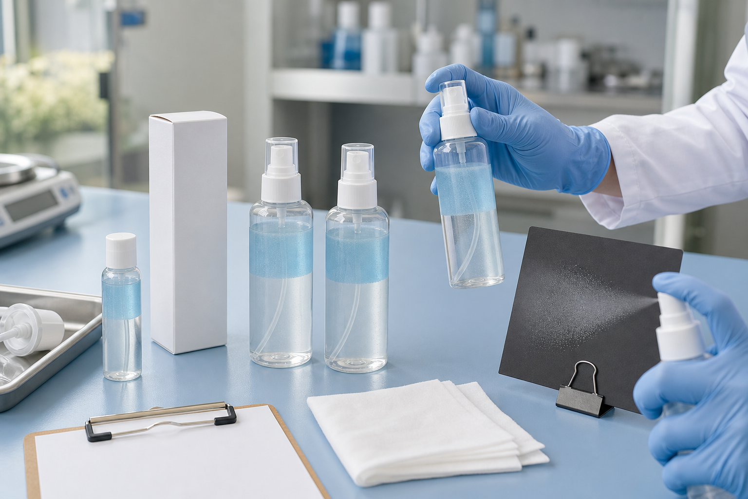 Unbranded dual-phase facial mist samples undergoing spray and packaging checks on a cosmetic QC table
