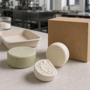 Blank-label effervescent bath fizz tablet samples and plain carton on a GUOCUI factory sample review table
