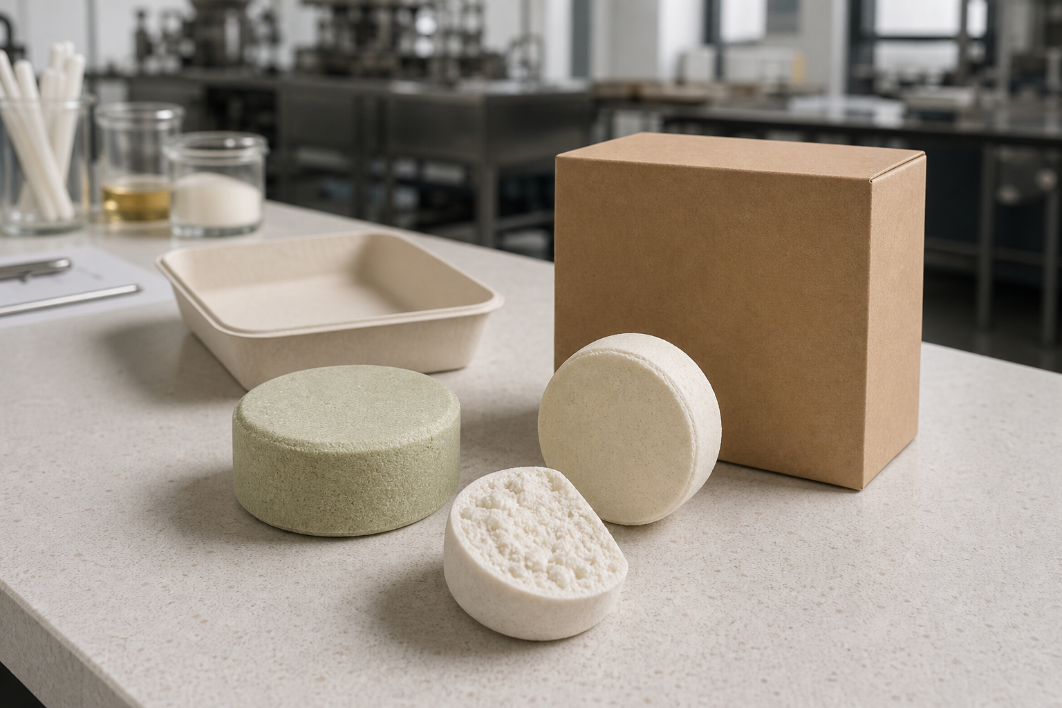 Blank-label effervescent bath fizz tablet samples and plain carton on a GUOCUI factory sample review table