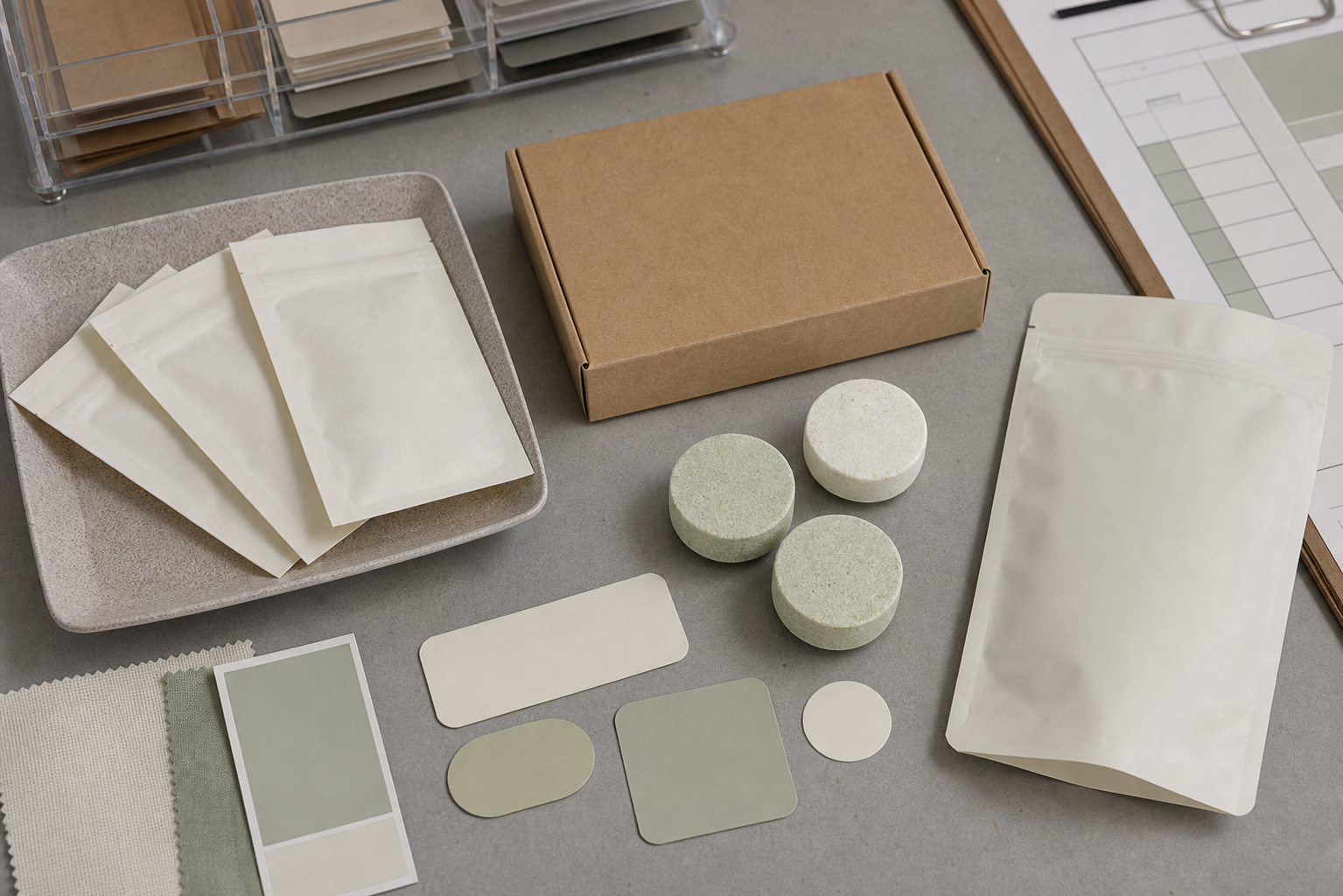 Blank sachets, plain carton, resealable pouch, color swatches and unbranded bath fizz tablet samples on a factory approval desk