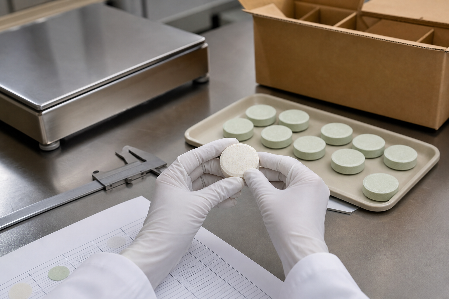 Gloved hands inspecting an unbranded bath fizz tablet with sample tray, caliper and plain factory cartons on a QC table
