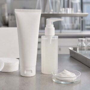 Private label gentle makeup cleansing cream blank tube pump bottle cream texture and cotton pads on factory sample table
