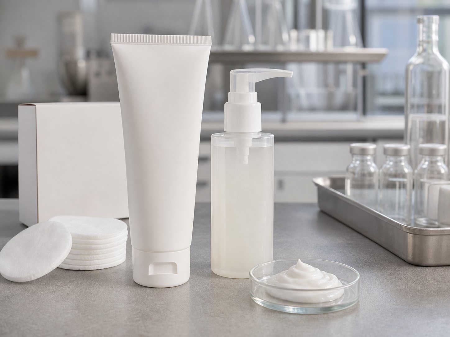Private label gentle makeup cleansing cream blank tube pump bottle cream texture and cotton pads on factory sample table