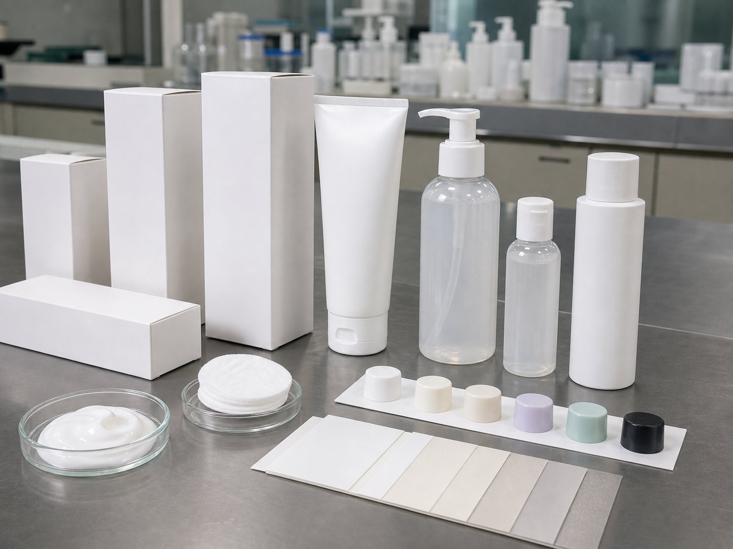 Custom packaging options for gentle makeup cleansing cream with blank tubes pump bottles cartons caps label swatches and cream texture