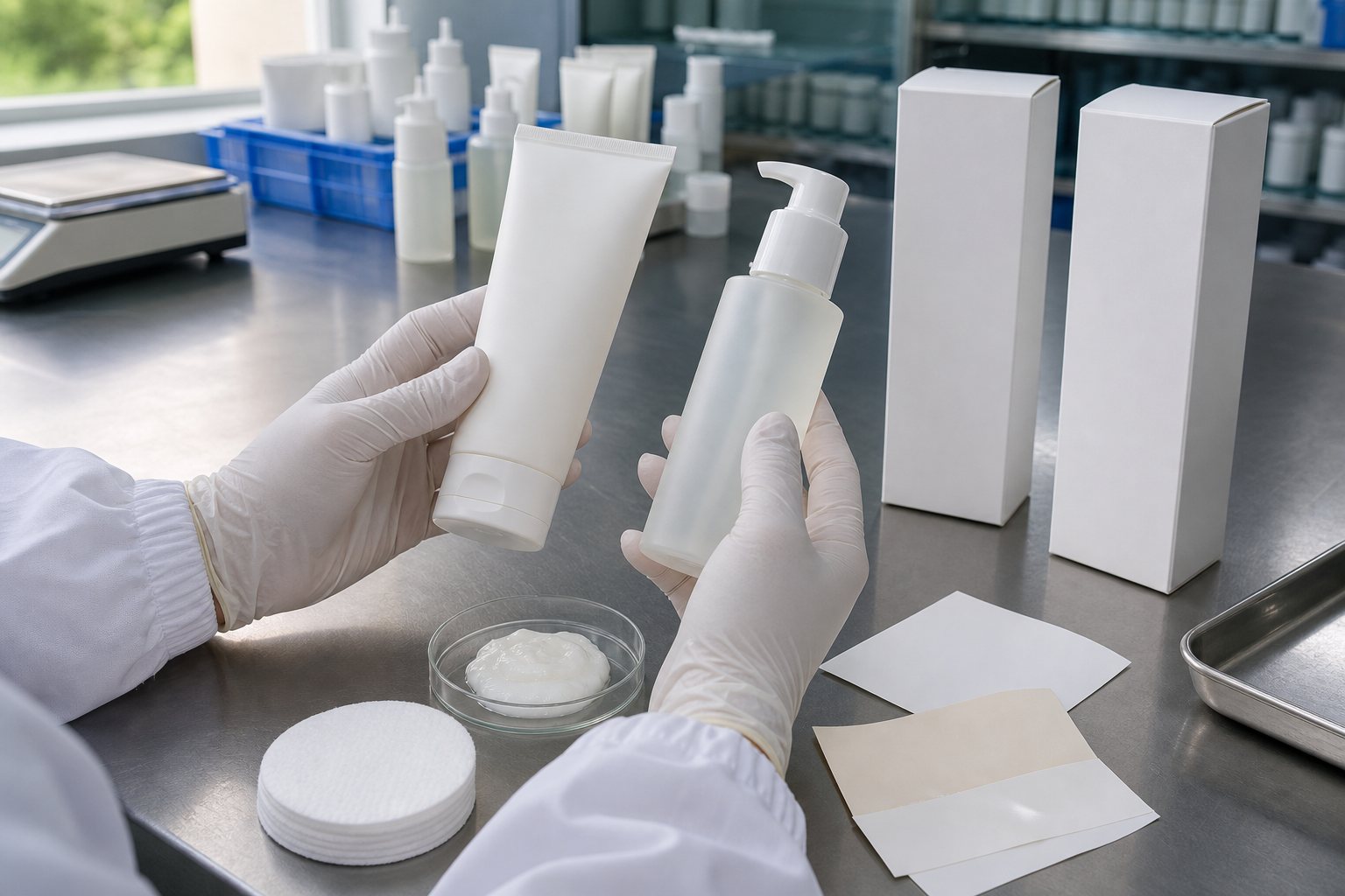 Factory QC sample review for private label gentle makeup cleansing cream with blank tube pump bottle cream texture and cartons