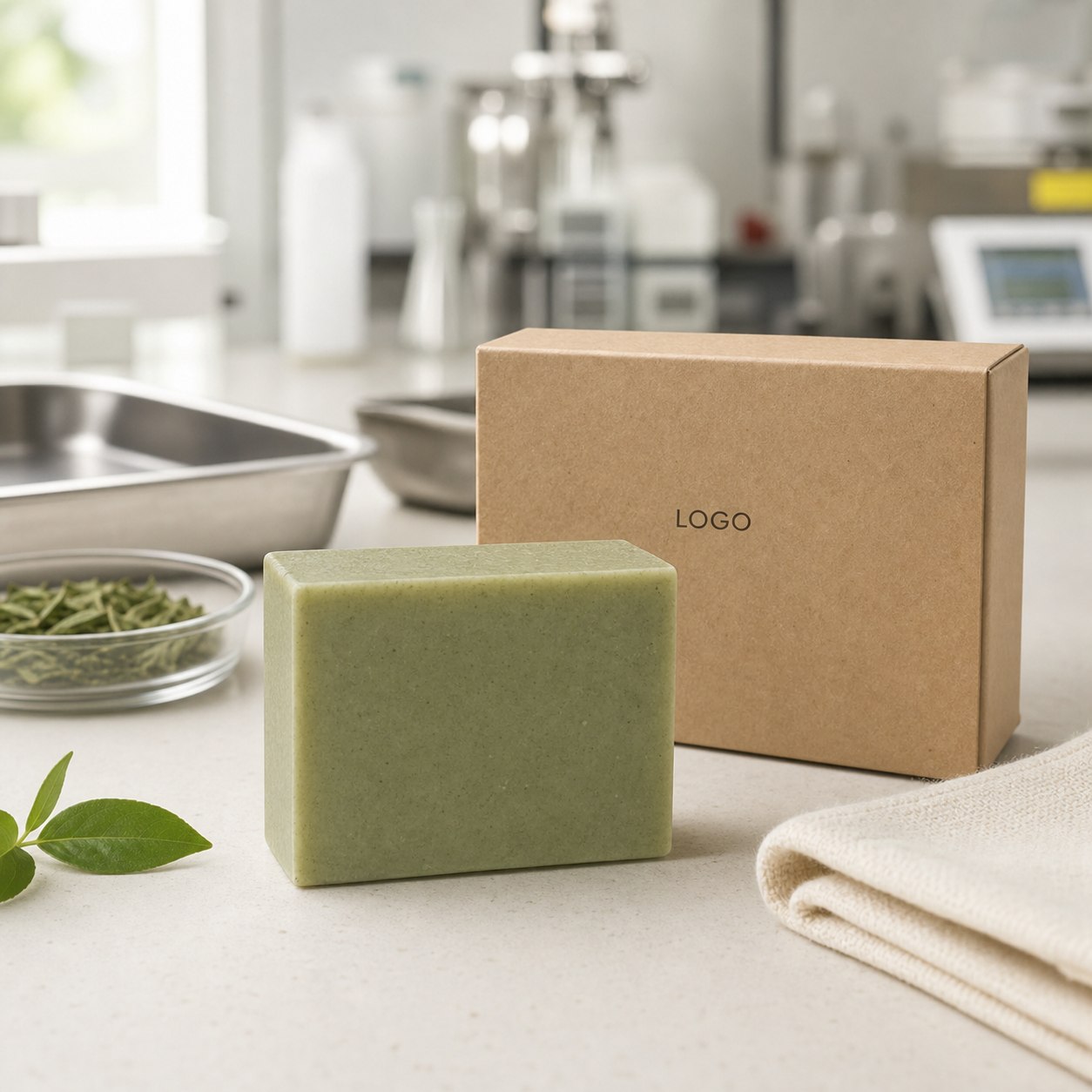 Muted sage green botanical facial cleansing bar and custom LOGO kraft carton on a cosmetic factory sample table