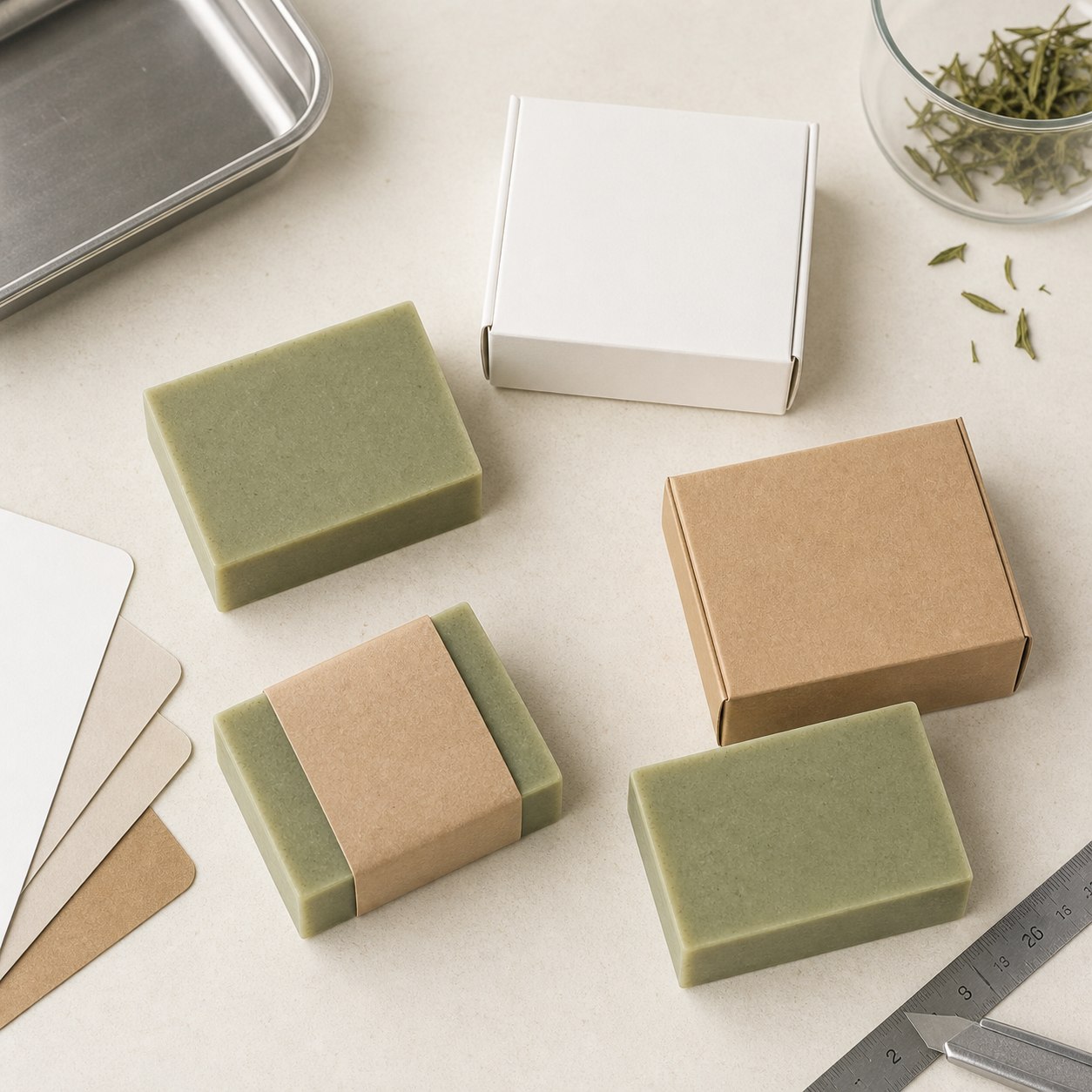 Blank kraft and white cartons, paper band and muted sage cleansing bar samples arranged for private label packaging proof review