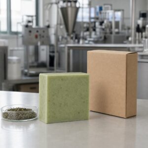 Private label green tea facial cleansing bar sample with blank carton on a cosmetic factory table