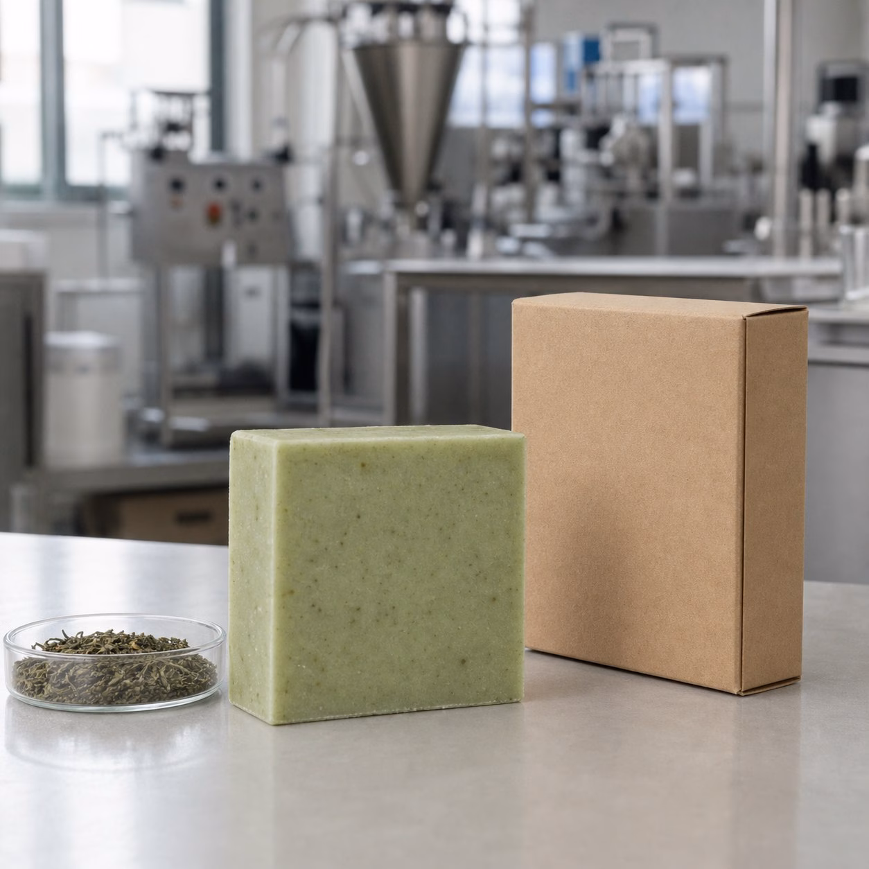 Private label green tea facial cleansing bar sample with blank carton on a cosmetic factory table