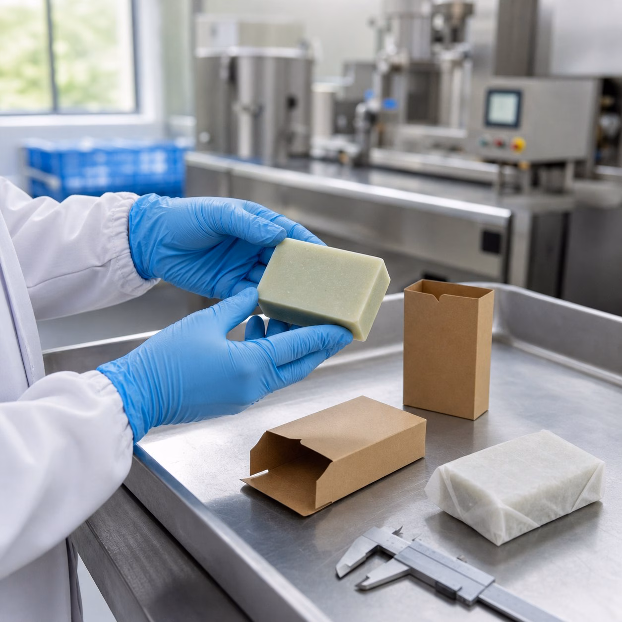 Factory QC and blank-package fit review for a private label green tea facial cleansing bar sample