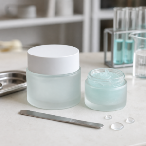 Blank frosted jars showing a hyaluronic moisture face cream sample on a GUOCUI factory sample table