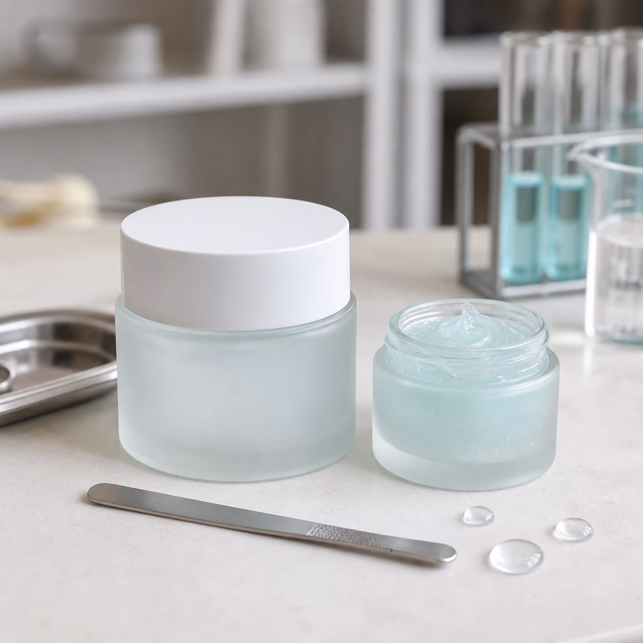 Blank frosted jars showing a hyaluronic moisture face cream sample on a GUOCUI factory sample table