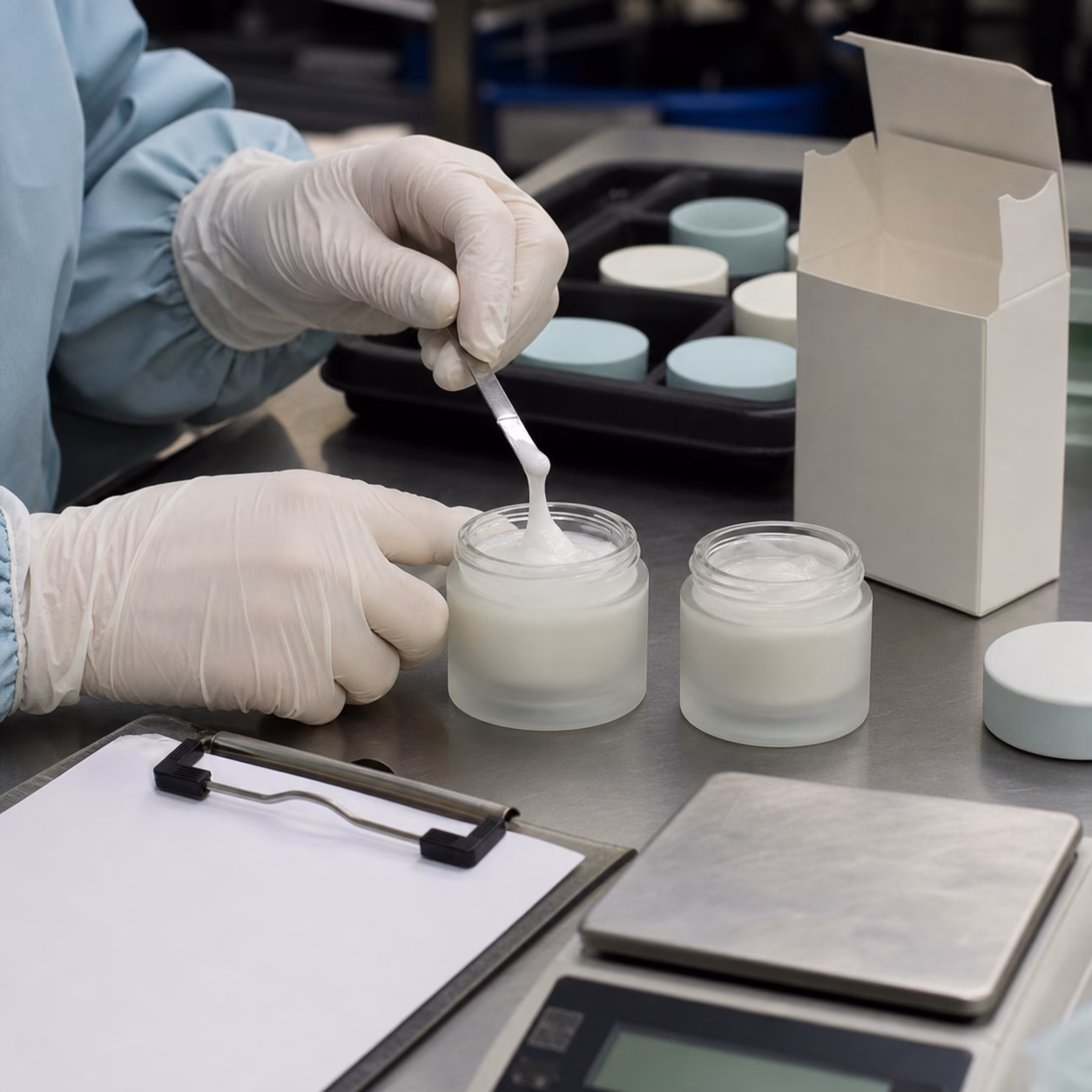 Gloved GUOCUI factory hands checking hyaluronic moisture cream texture during sample and packaging QC review