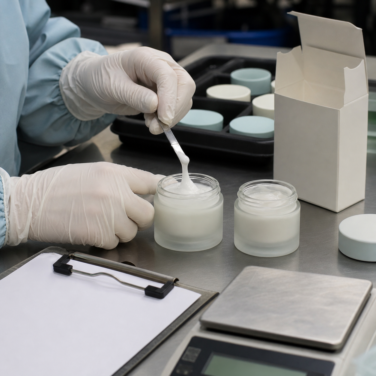 Gloved GUOCUI factory hands checking hyaluronic moisture cream texture during sample and packaging QC review
