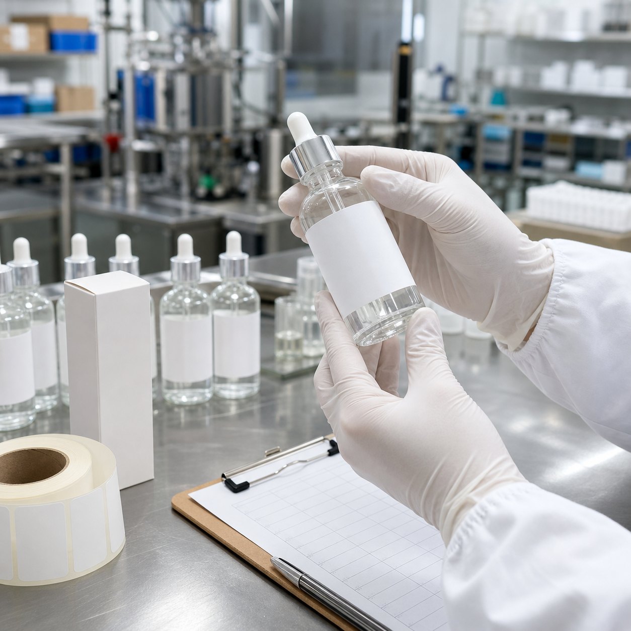 Factory team reviewing a blank-label private label facial serum sample before packaging and artwork approval