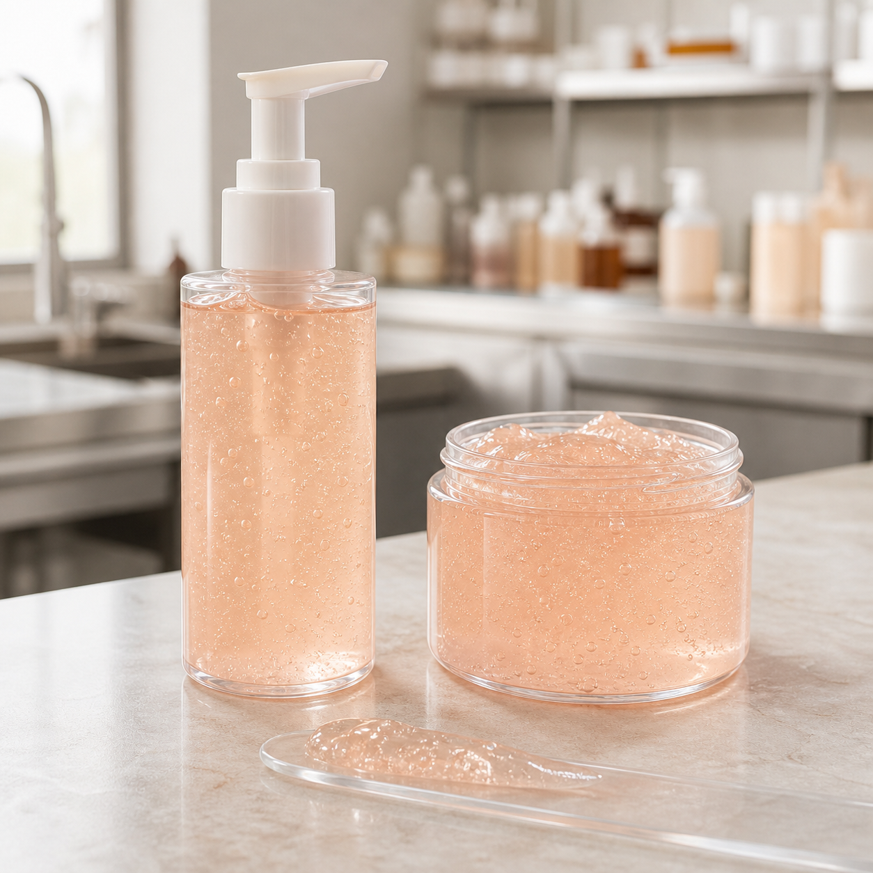 Blank pump bottle and sample jar showing pale apricot jelly texture body cleanser on a GUOCUI factory sample table