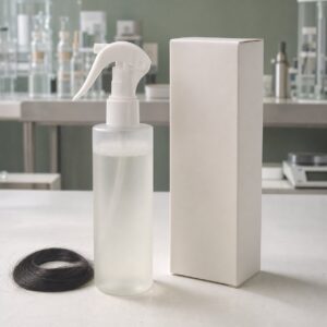 Blank leave-in hair conditioning spray bottle and carton on a factory sample table for private label OEM buyers