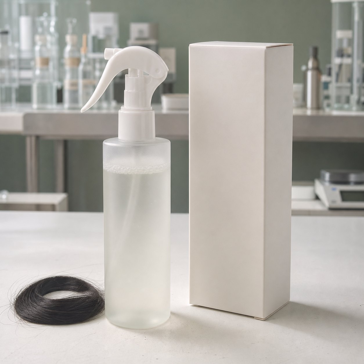 Blank leave-in hair conditioning spray bottle and carton on a factory sample table for private label OEM buyers