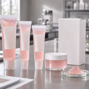 Private label lip jelly care gel sample tubes jar blank labels and texture swatch on GUOCUI factory sample review table