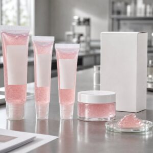 Private label lip jelly care gel sample tubes jar blank labels and texture swatch on GUOCUI factory sample review table